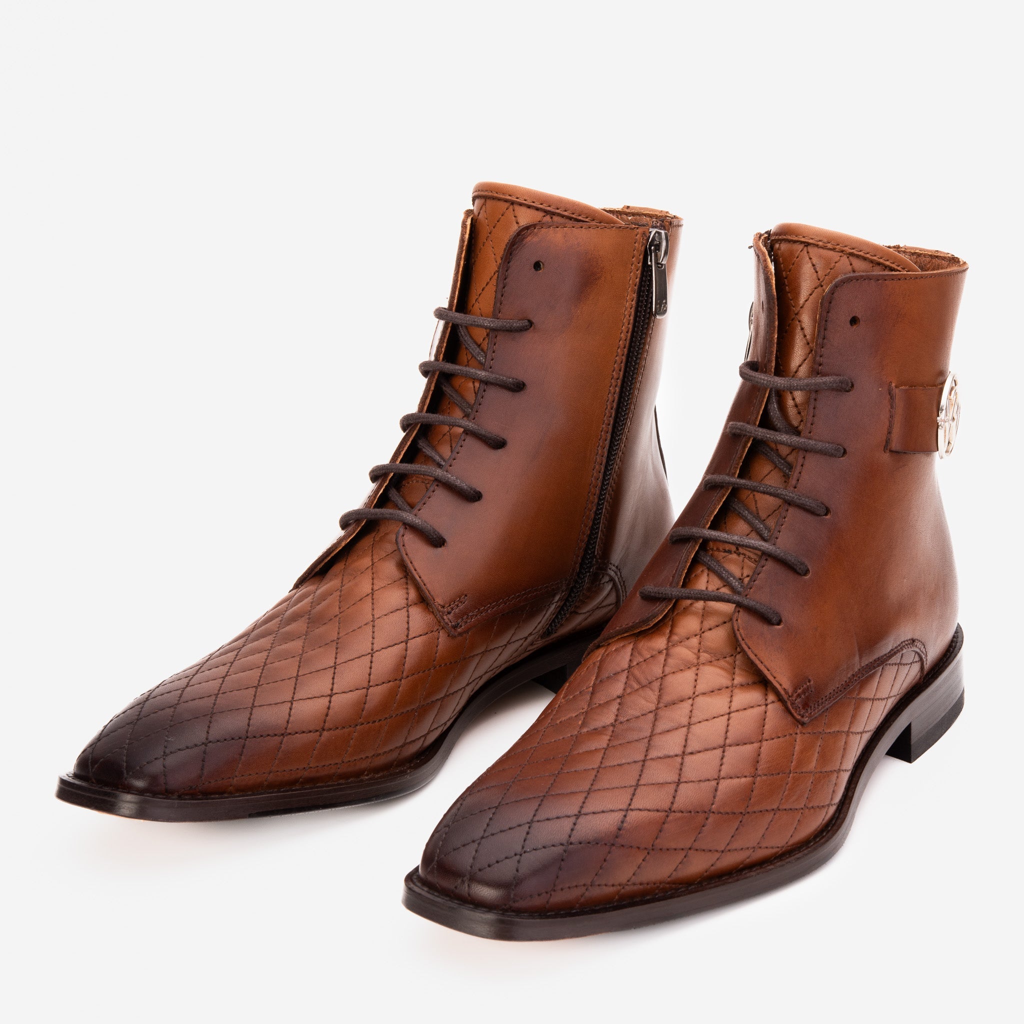 The Zeus Brown Leather Lace-Up Boot with a Zipper For Sale