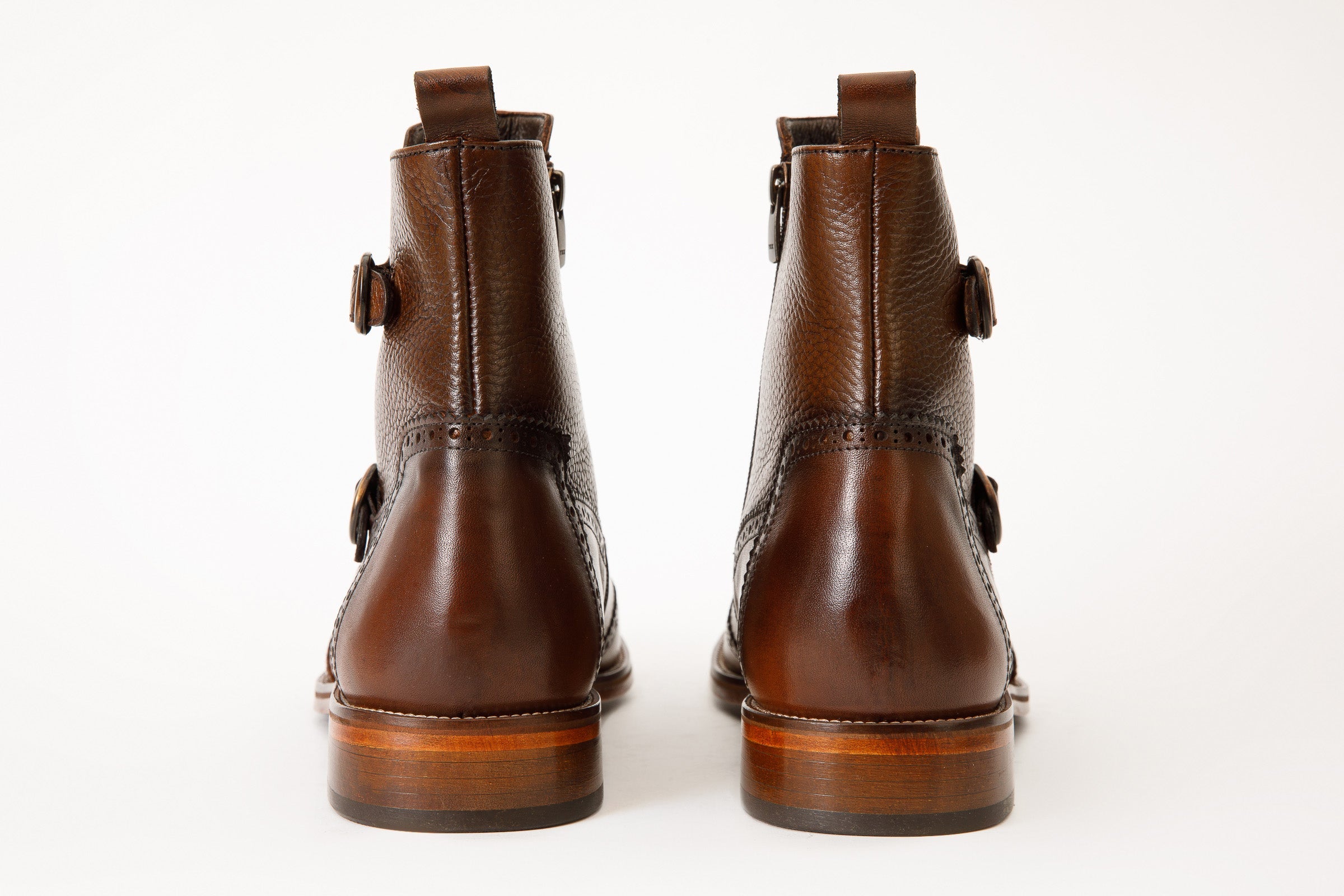 The Rand Brown Leather Double Buckle Brogue Boot with a Zipper All New