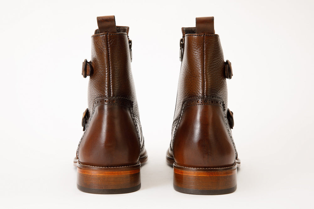 The Rand Brown Leather Double Buckle Brogue Boot with a Zipper All New