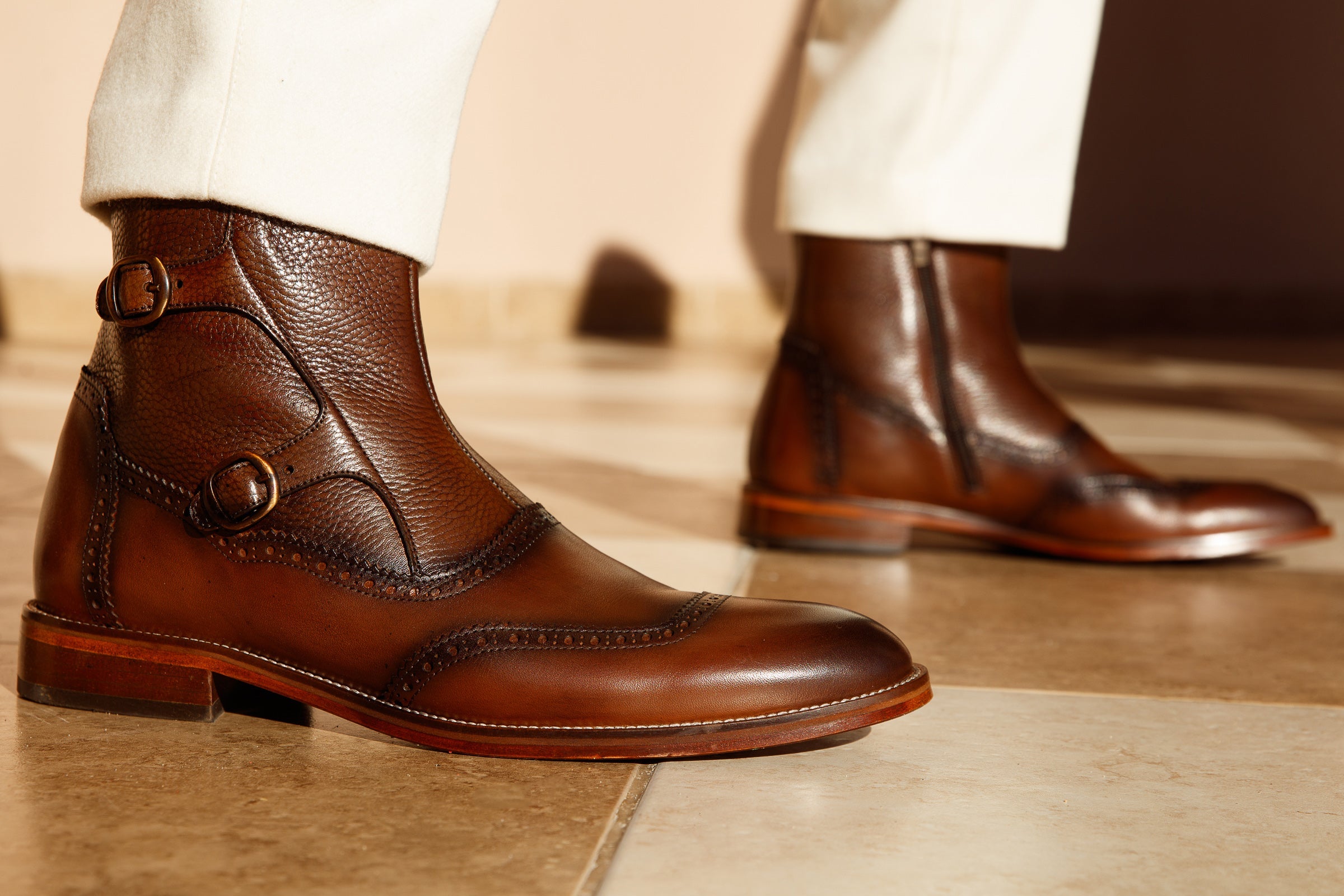 The Rand Brown Leather Double Buckle Brogue Boot with a Zipper All New