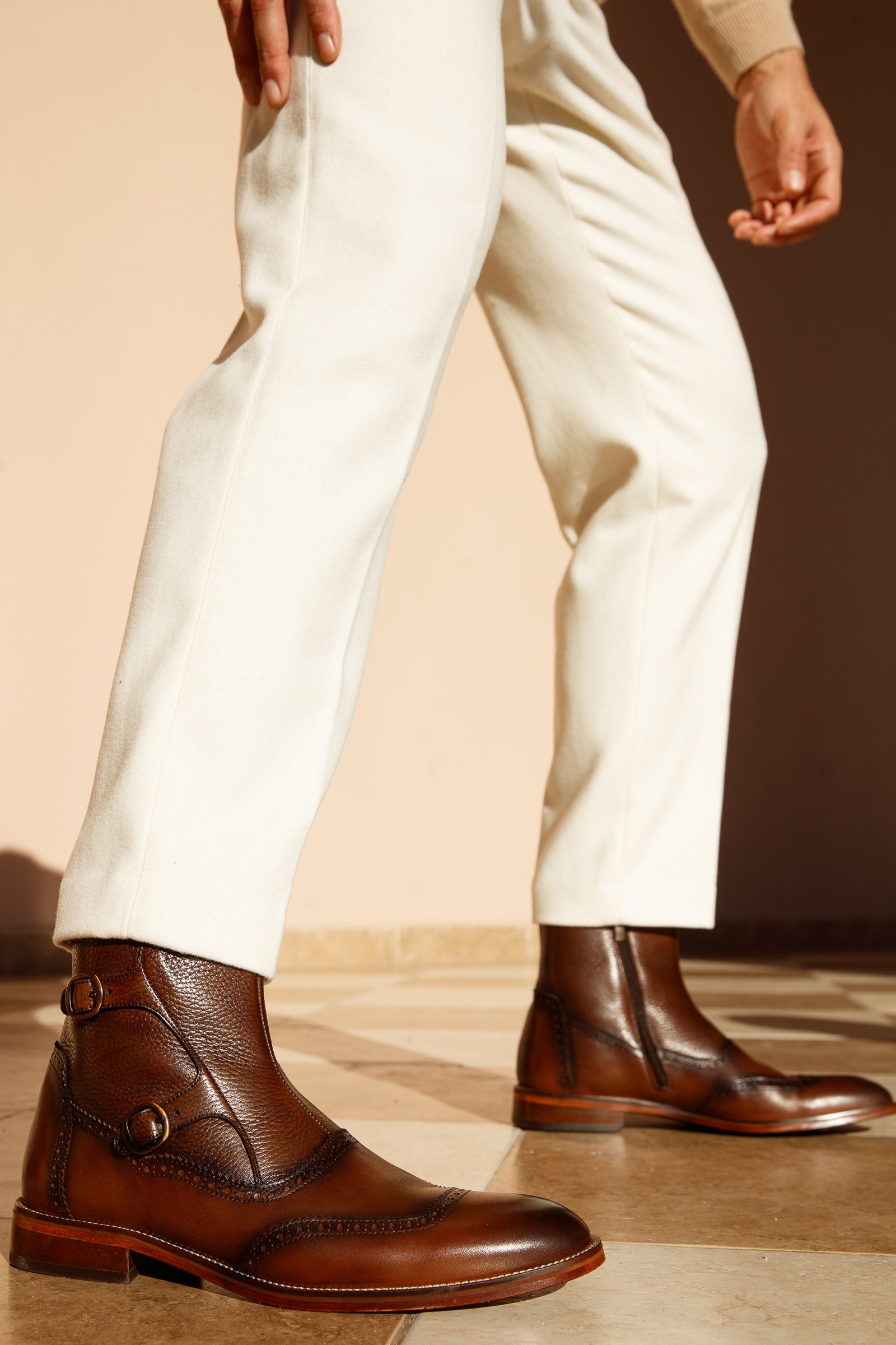 The Rand Brown Leather Double Buckle Brogue Boot with a Zipper All New