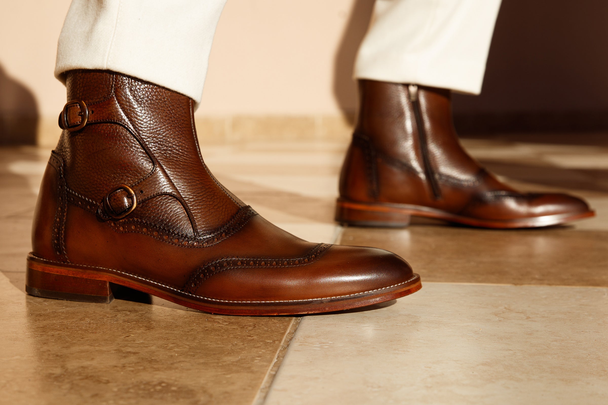 The Rand Brown Leather Double Buckle Brogue Boot with a Zipper All New