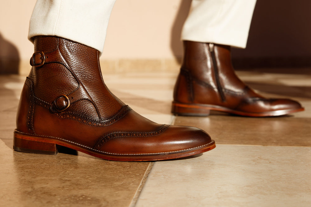 The Rand Brown Leather Double Buckle Brogue Boot with a Zipper All New