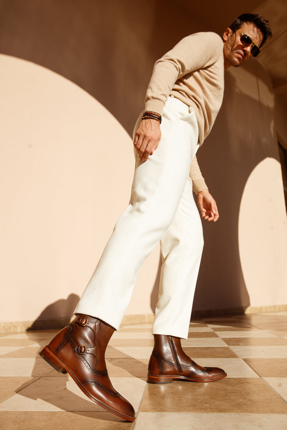 The Rand Brown Leather Double Buckle Brogue Boot with a Zipper All New