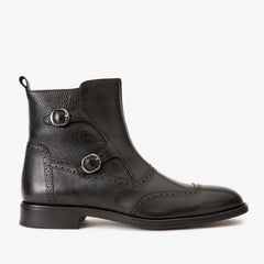 The Rand Black Leather Double Buckle Brogue Boot with a Zipper Universal Fit