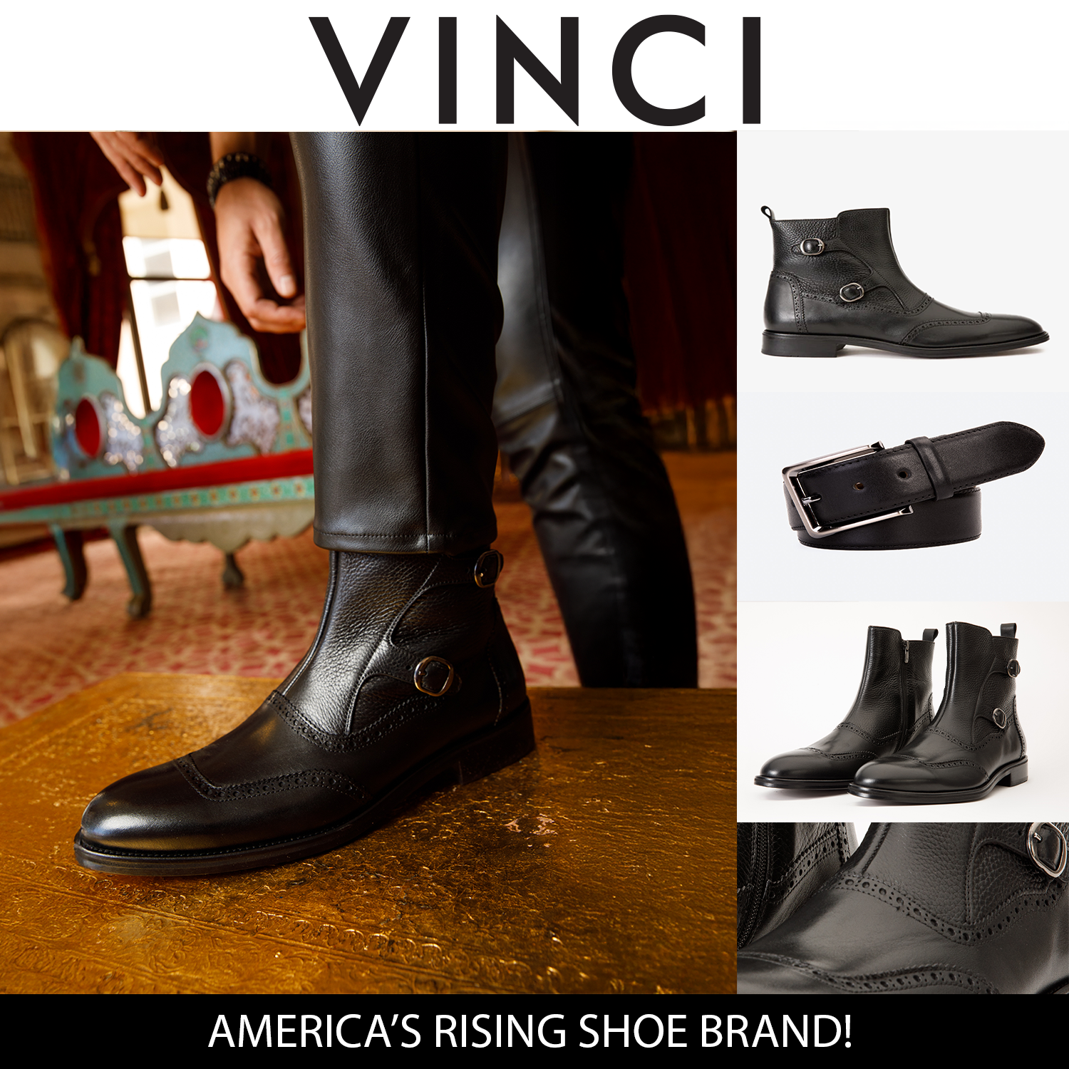 The Rand Black Leather Double Buckle Brogue Boot with a Zipper Universal Fit