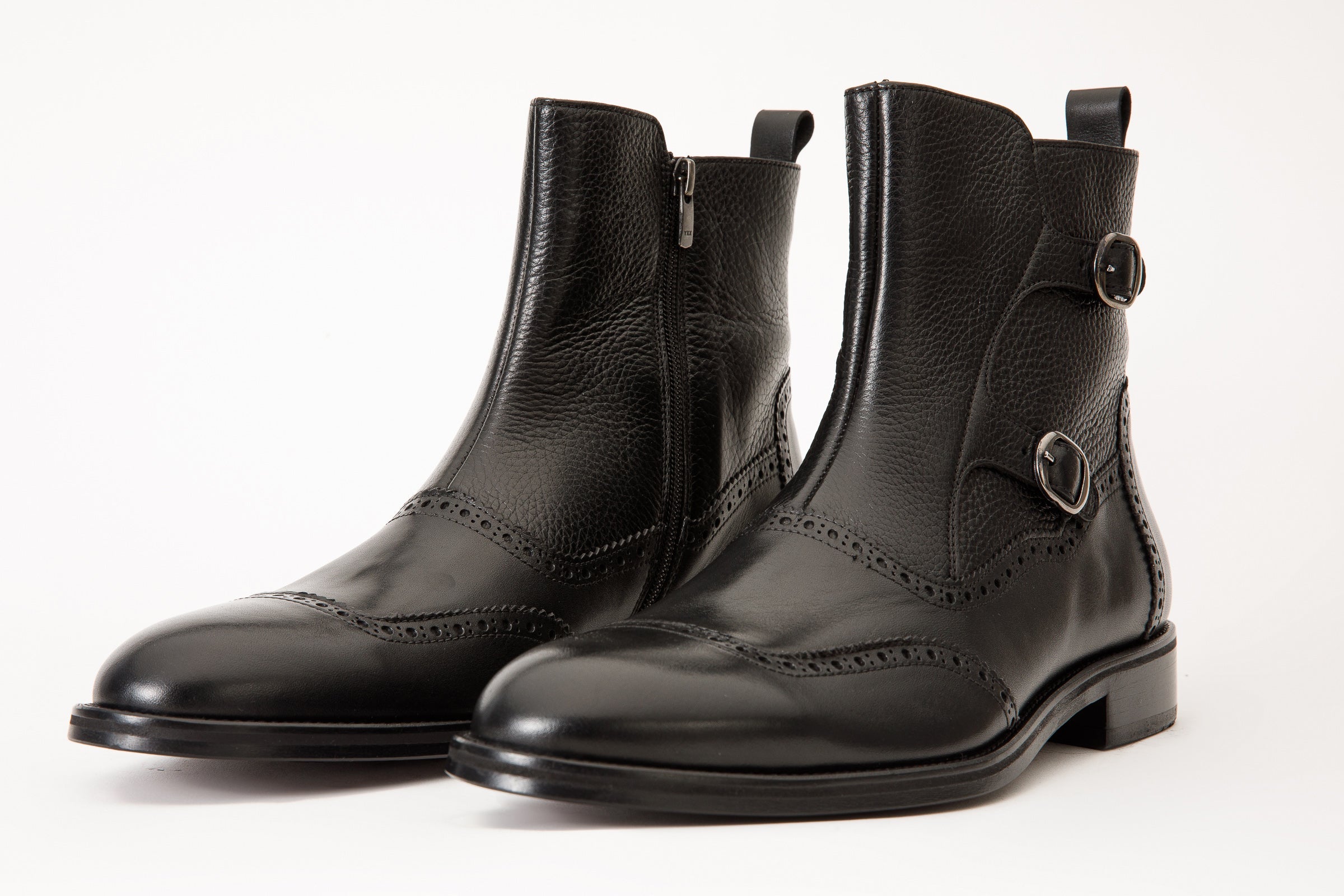 The Rand Black Leather Double Buckle Brogue Boot with a Zipper Universal Fit