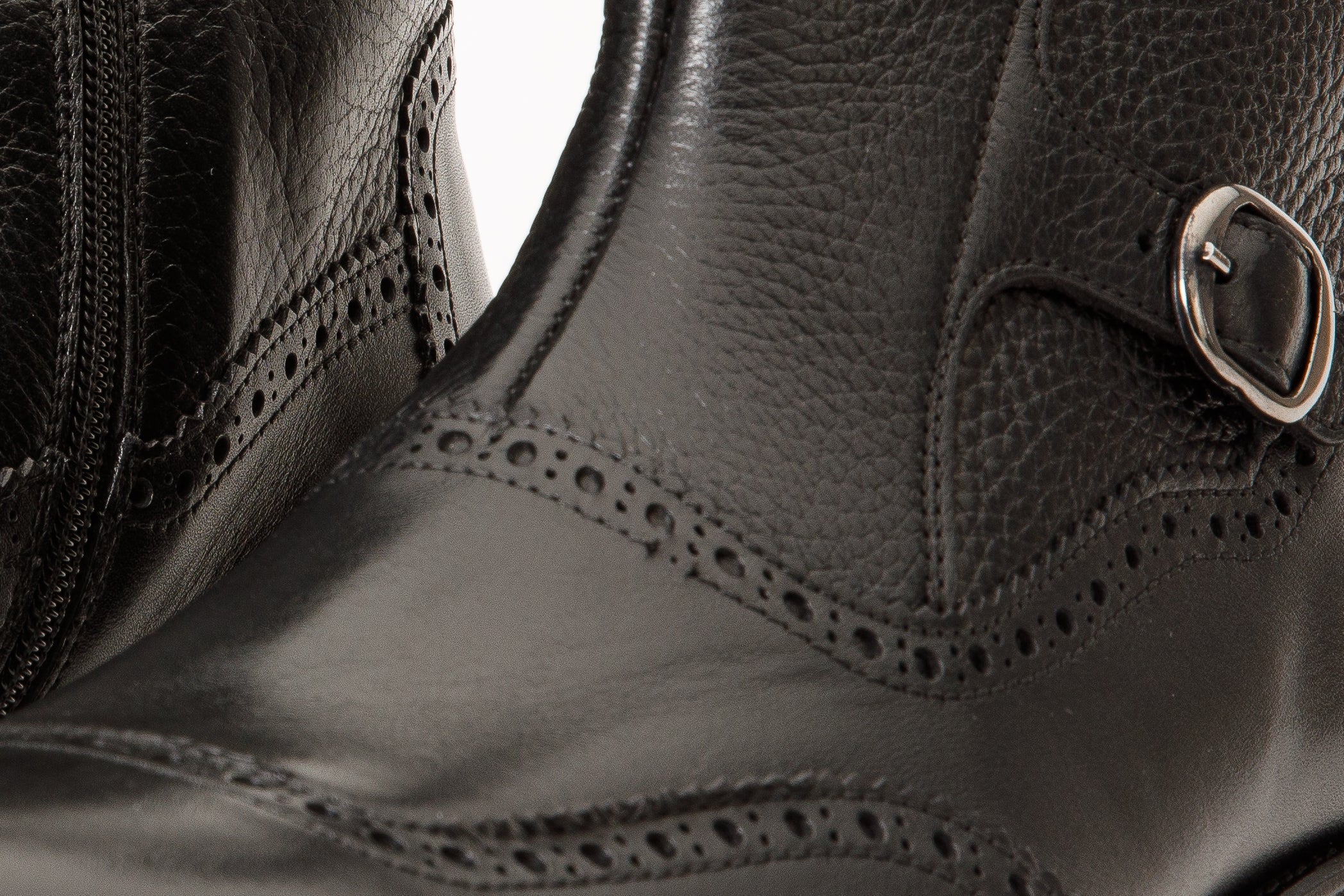 The Rand Black Leather Double Buckle Brogue Boot with a Zipper Universal Fit