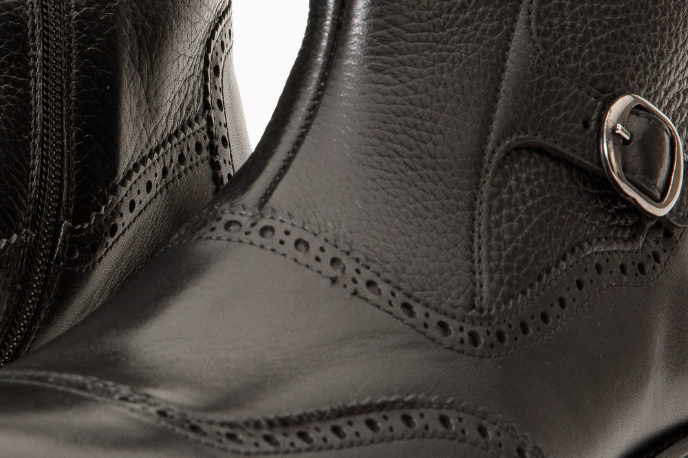 The Rand Black Leather Double Buckle Brogue Boot with a Zipper Universal Fit