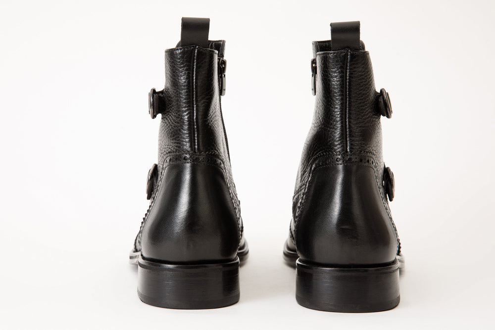 The Rand Black Leather Double Buckle Brogue Boot with a Zipper Universal Fit