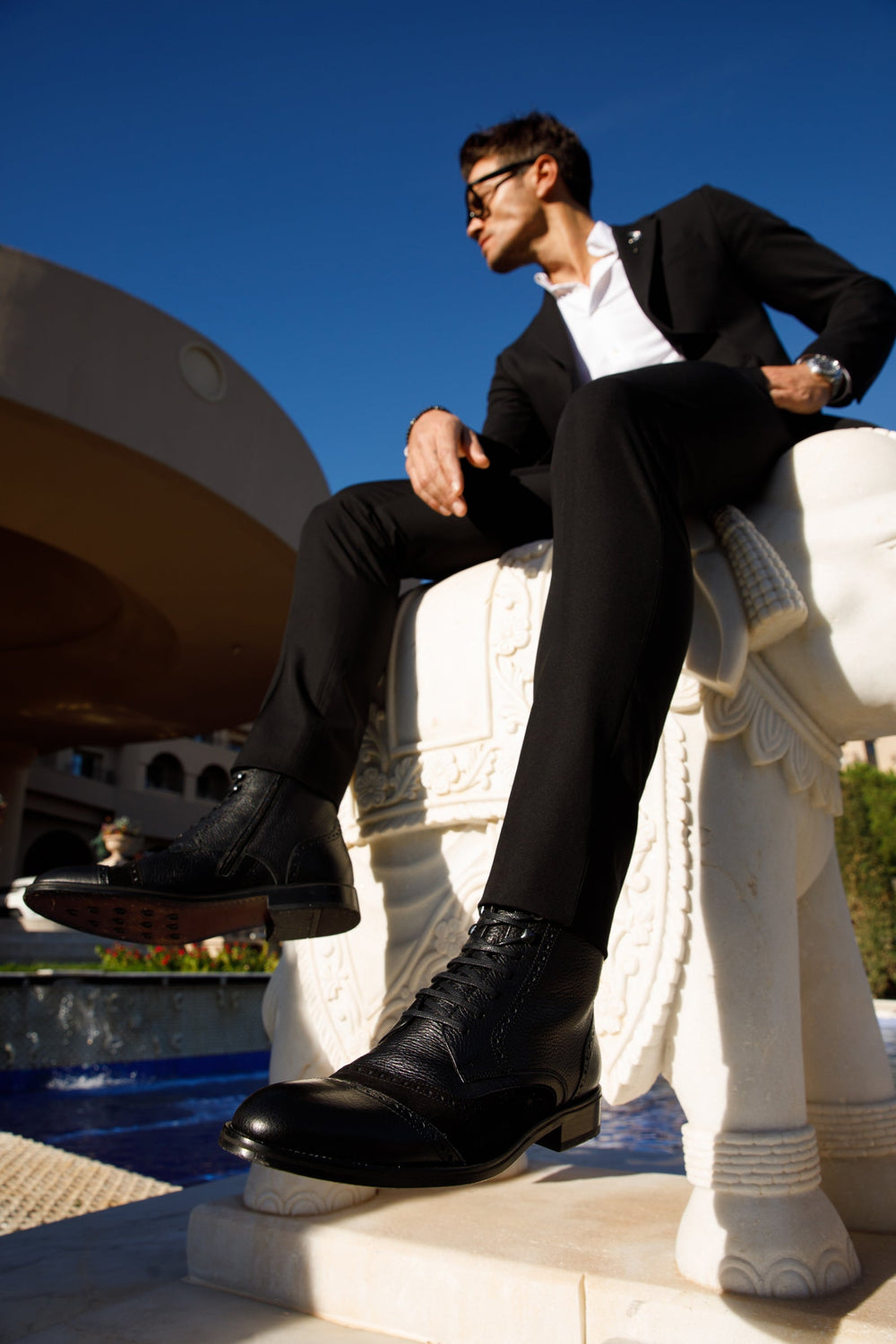 The Anderson Black Leather Suede Brogue Lace-Up  Boot with a Zipper Fine Craftsmanship
