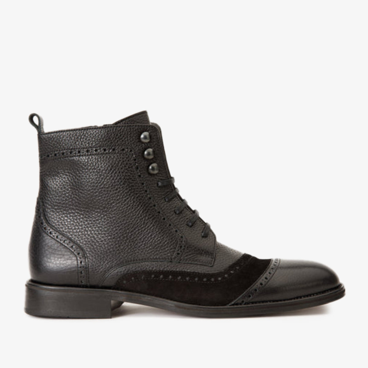 The Anderson Black Leather Suede Brogue Lace-Up  Boot with a Zipper Fine Craftsmanship