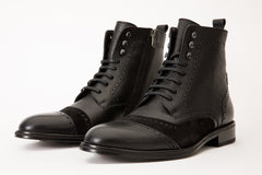 The Anderson Black Leather Suede Brogue Lace-Up  Boot with a Zipper Fine Craftsmanship