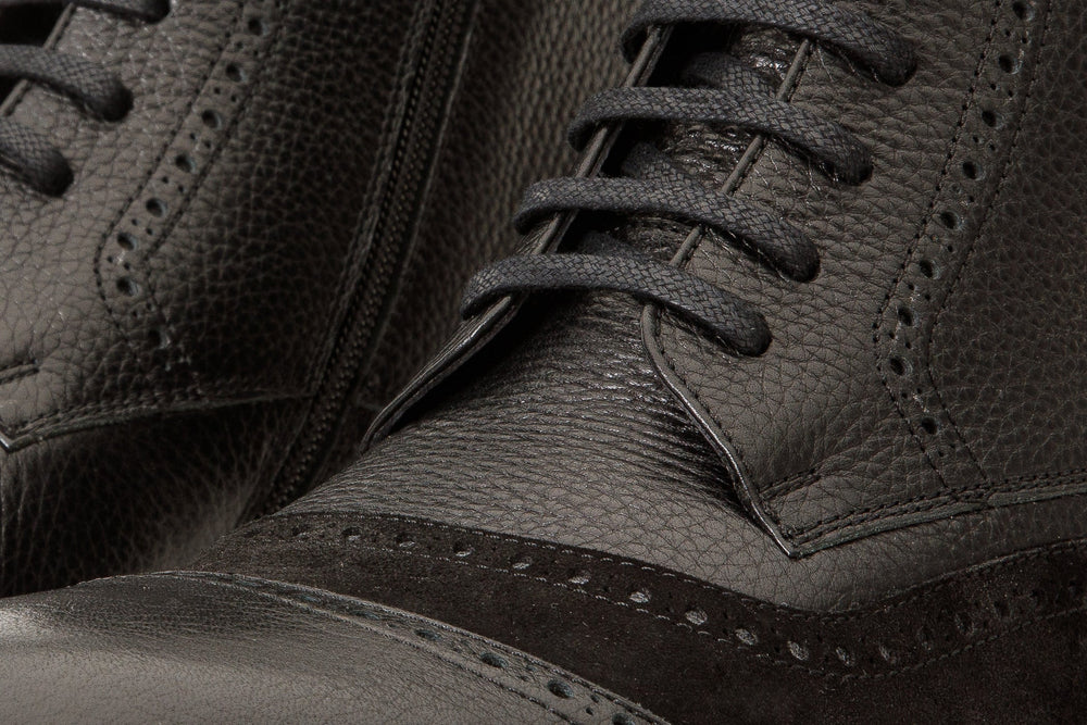 The Anderson Black Leather Suede Brogue Lace-Up  Boot with a Zipper Fine Craftsmanship