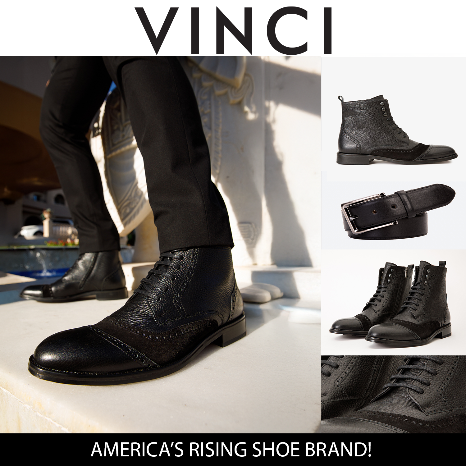 The Anderson Black Leather Suede Brogue Lace-Up  Boot with a Zipper Fine Craftsmanship