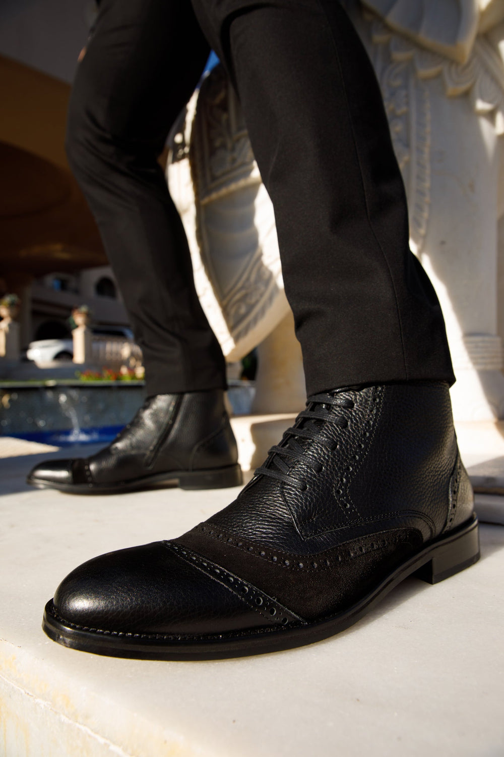 The Anderson Black Leather Suede Brogue Lace-Up  Boot with a Zipper Fine Craftsmanship