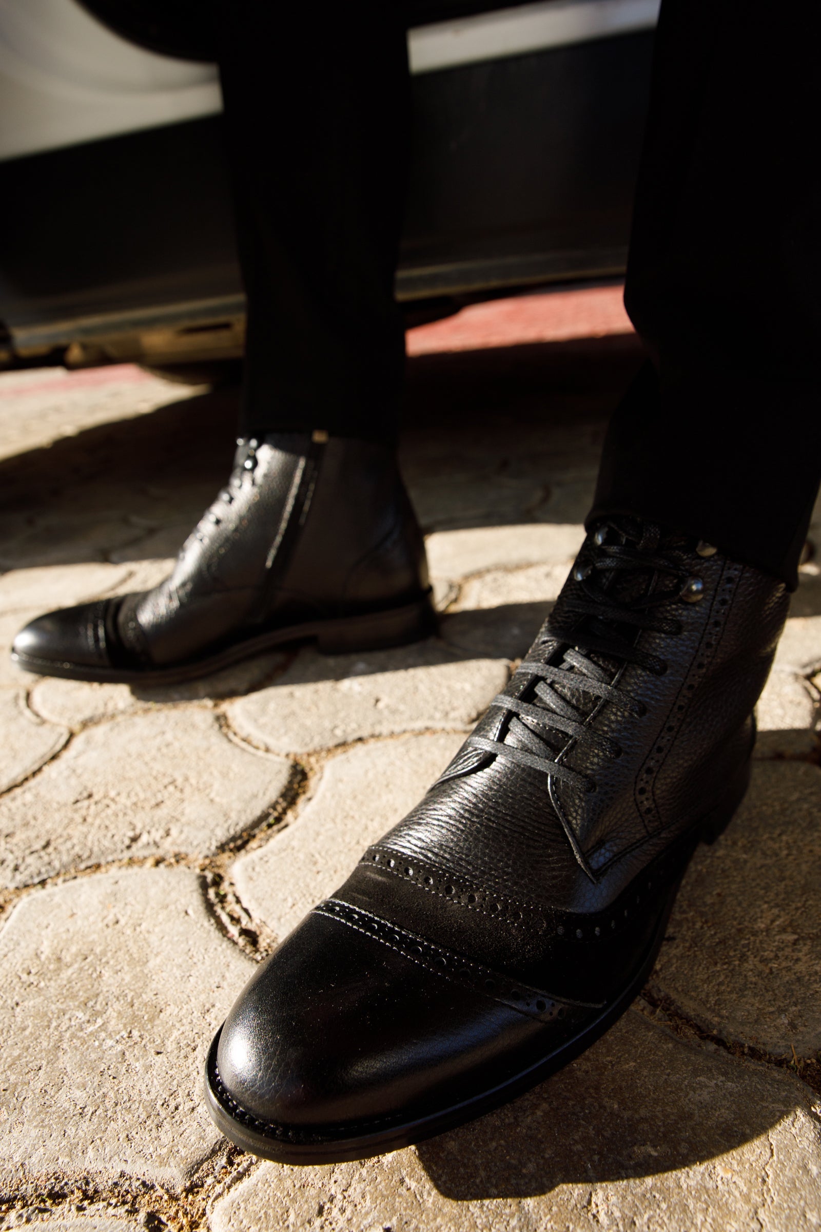 The Anderson Black Leather Suede Brogue Lace-Up  Boot with a Zipper Fine Craftsmanship