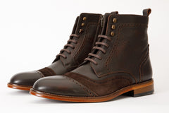 The Anderson Brown Leather Suede Brogue Lace-Up Boot with a Zipper Exclusive Style