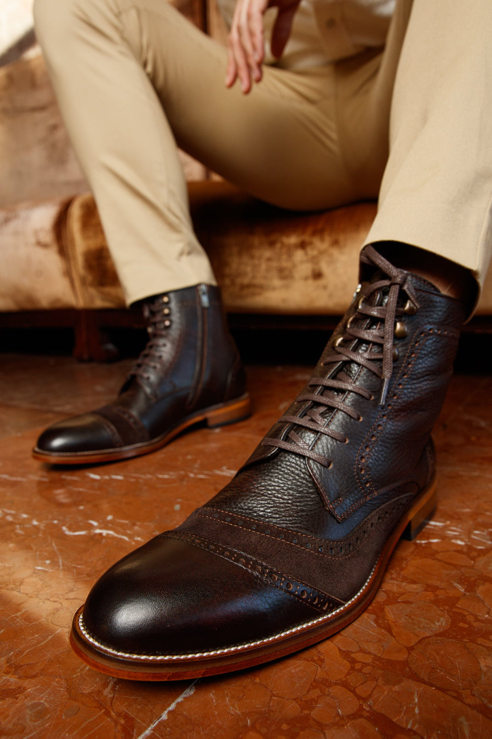 The Anderson Brown Leather Suede Brogue Lace-Up Boot with a Zipper Exclusive Style