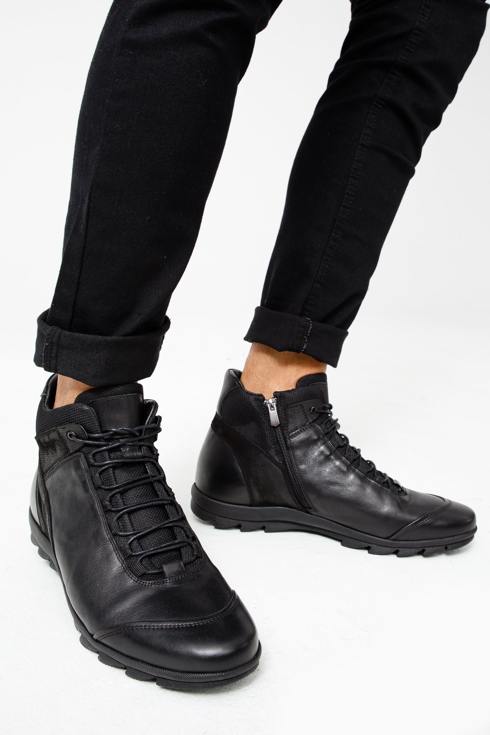 The Houston Leather Black Lace-Up Casual Boot with a Zipper On Sale