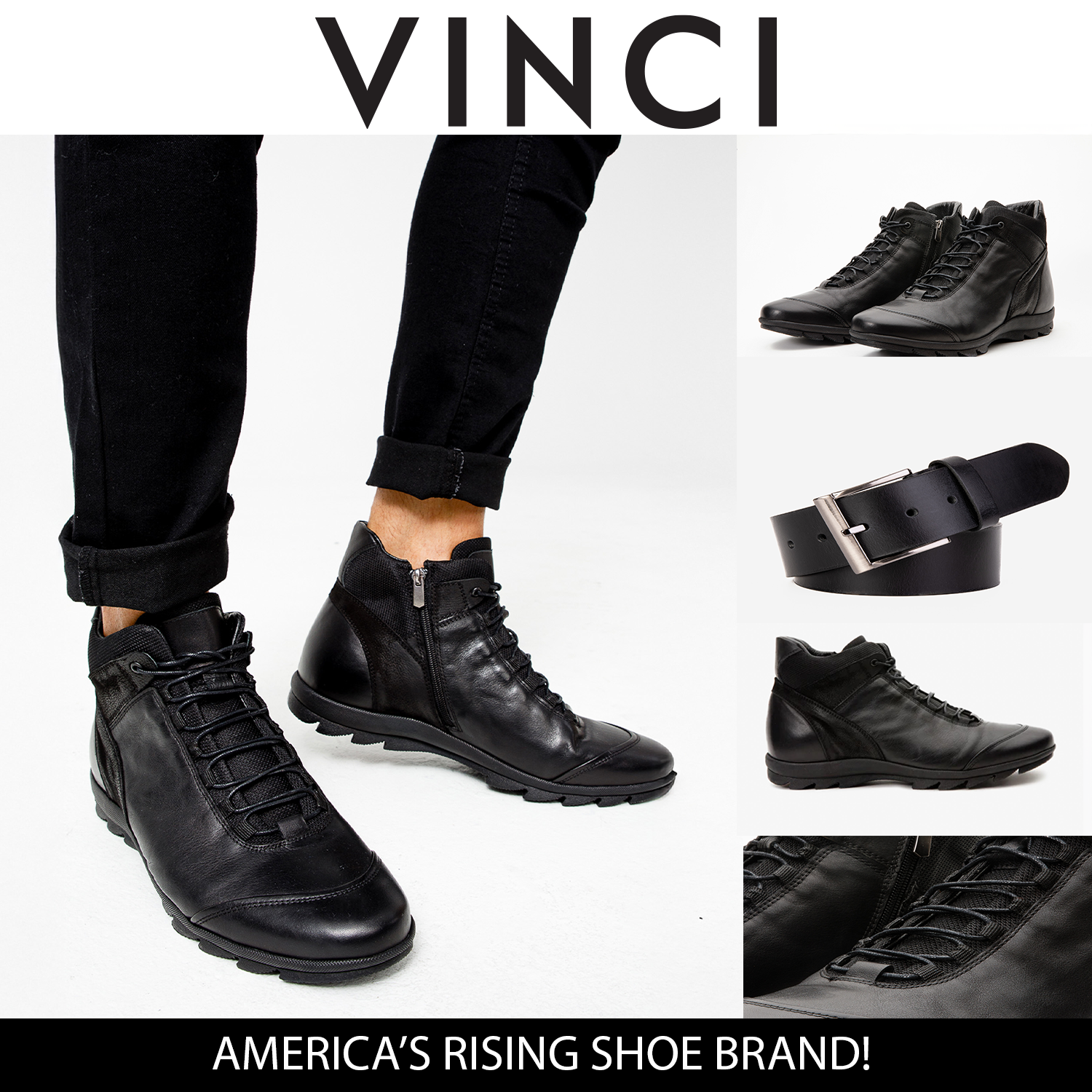 The Houston Leather Black Lace-Up Casual Boot with a Zipper On Sale