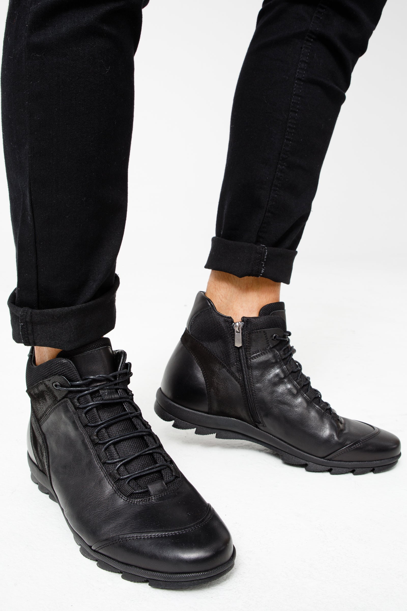 The Houston Leather Black Lace-Up Casual Boot with a Zipper On Sale