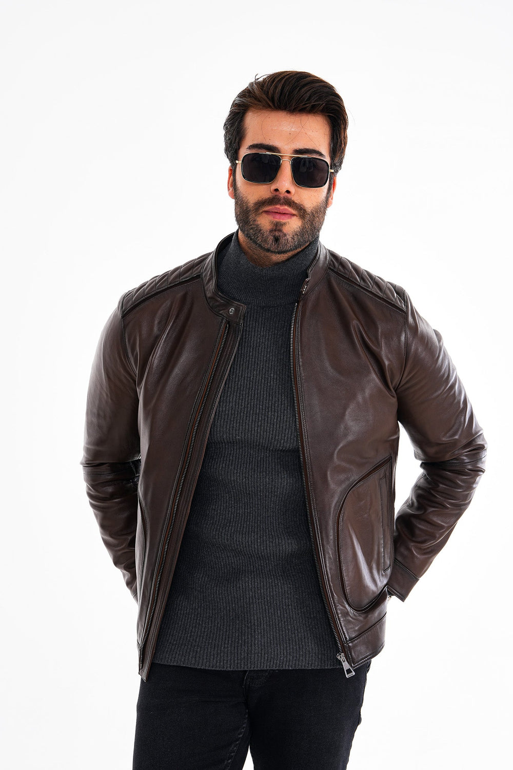 The Brescia Brown Leather Racer Jacket Universal Fit