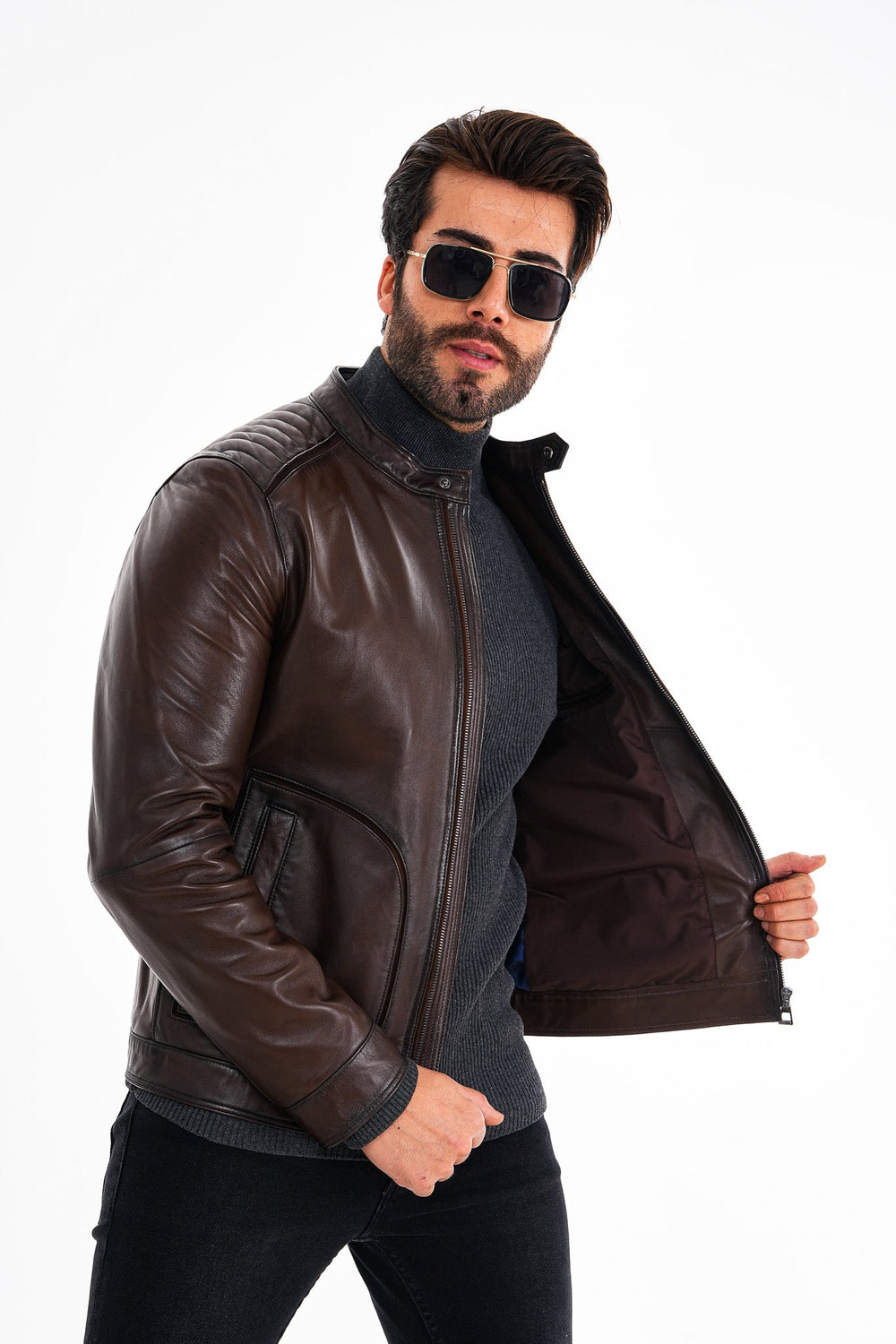 The Brescia Brown Leather Racer Jacket Universal Fit