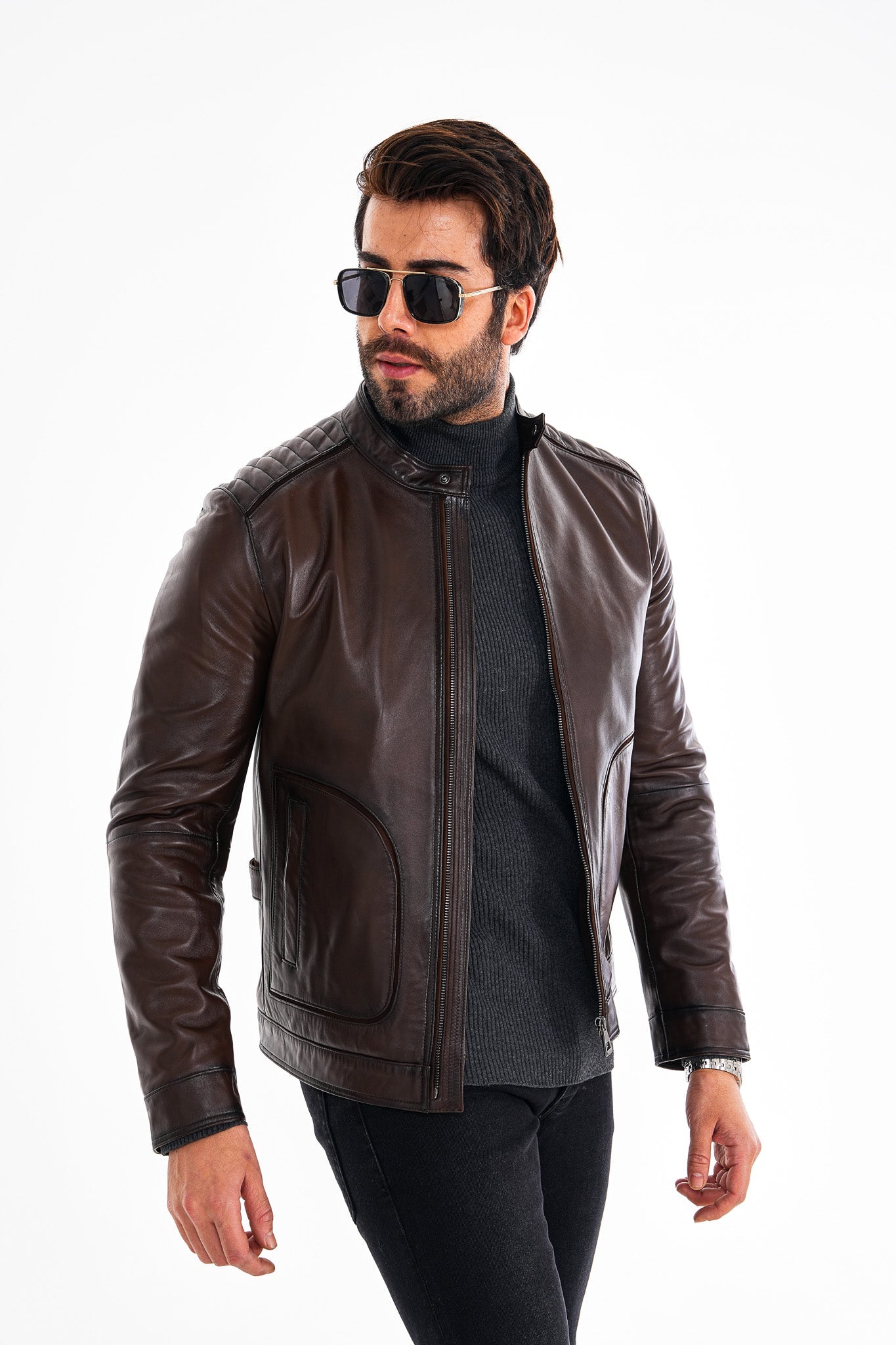 The Brescia Brown Leather Racer Jacket Universal Fit