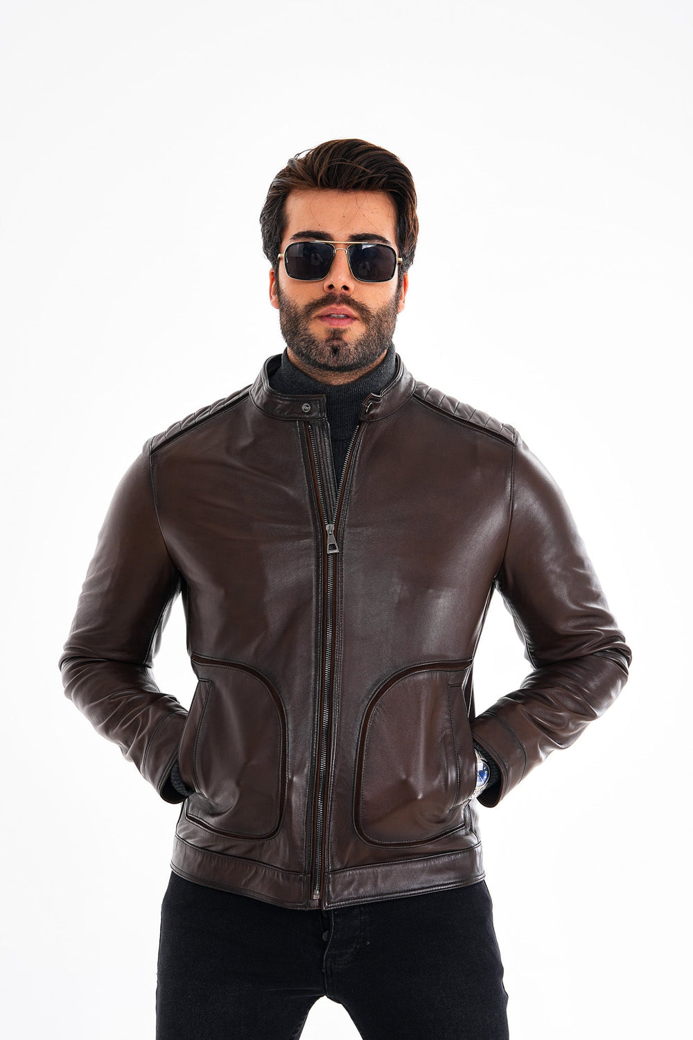 The Brescia Brown Leather Racer Jacket Universal Fit
