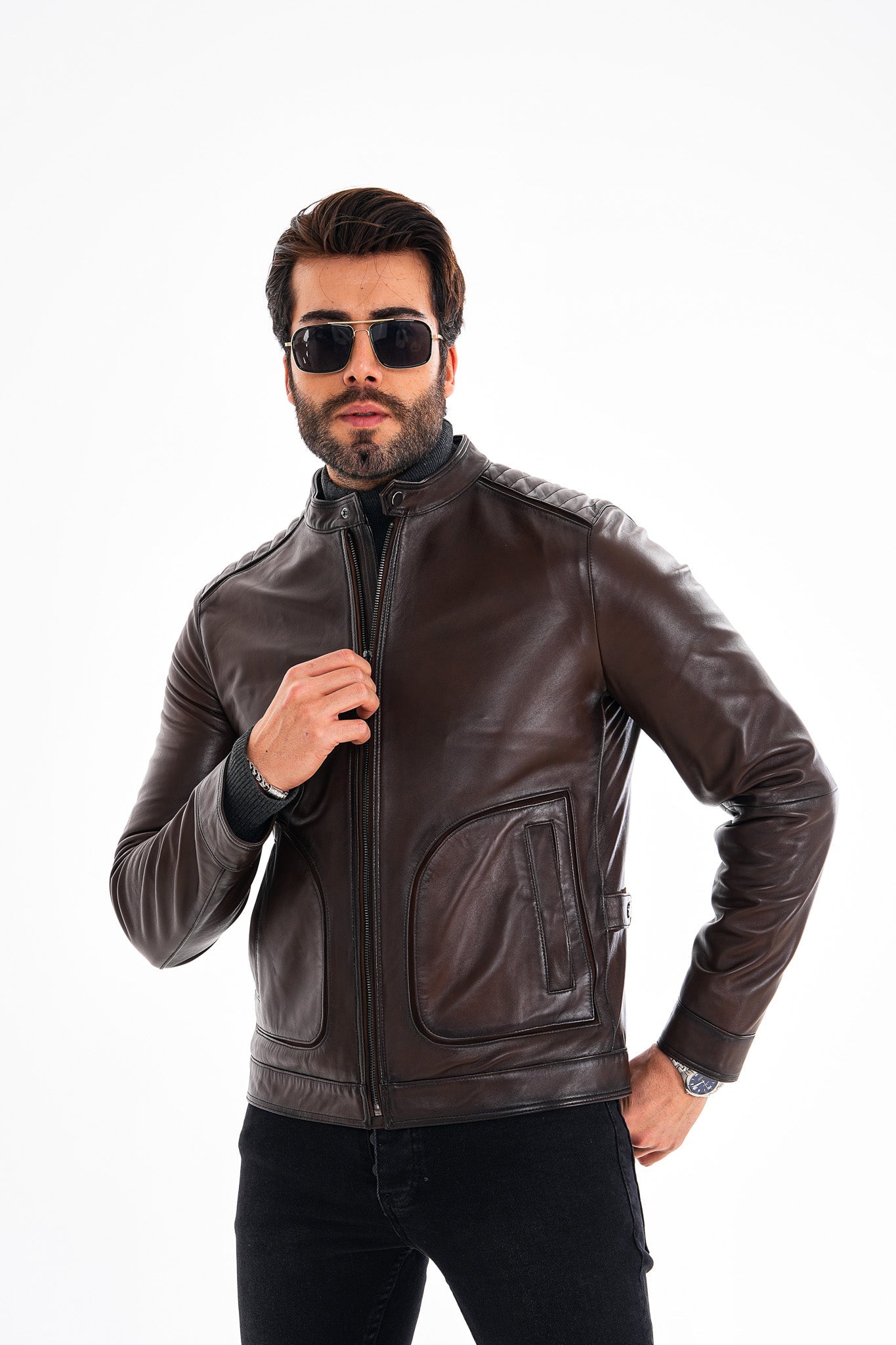 The Brescia Brown Leather Racer Jacket Universal Fit