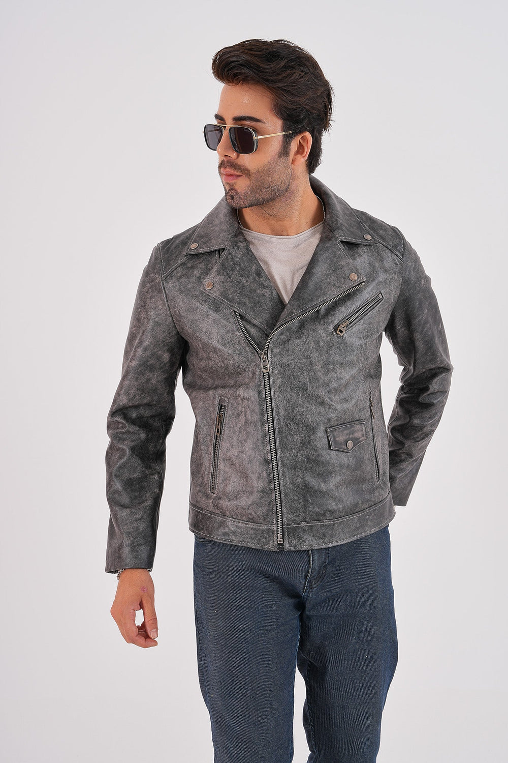 The Volt Textured Distressed Grey Leather Jacket Exclusive Style