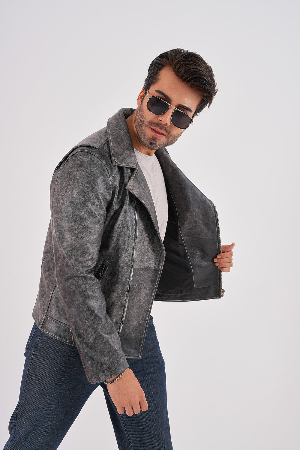 The Volt Textured Distressed Grey Leather Jacket Exclusive Style