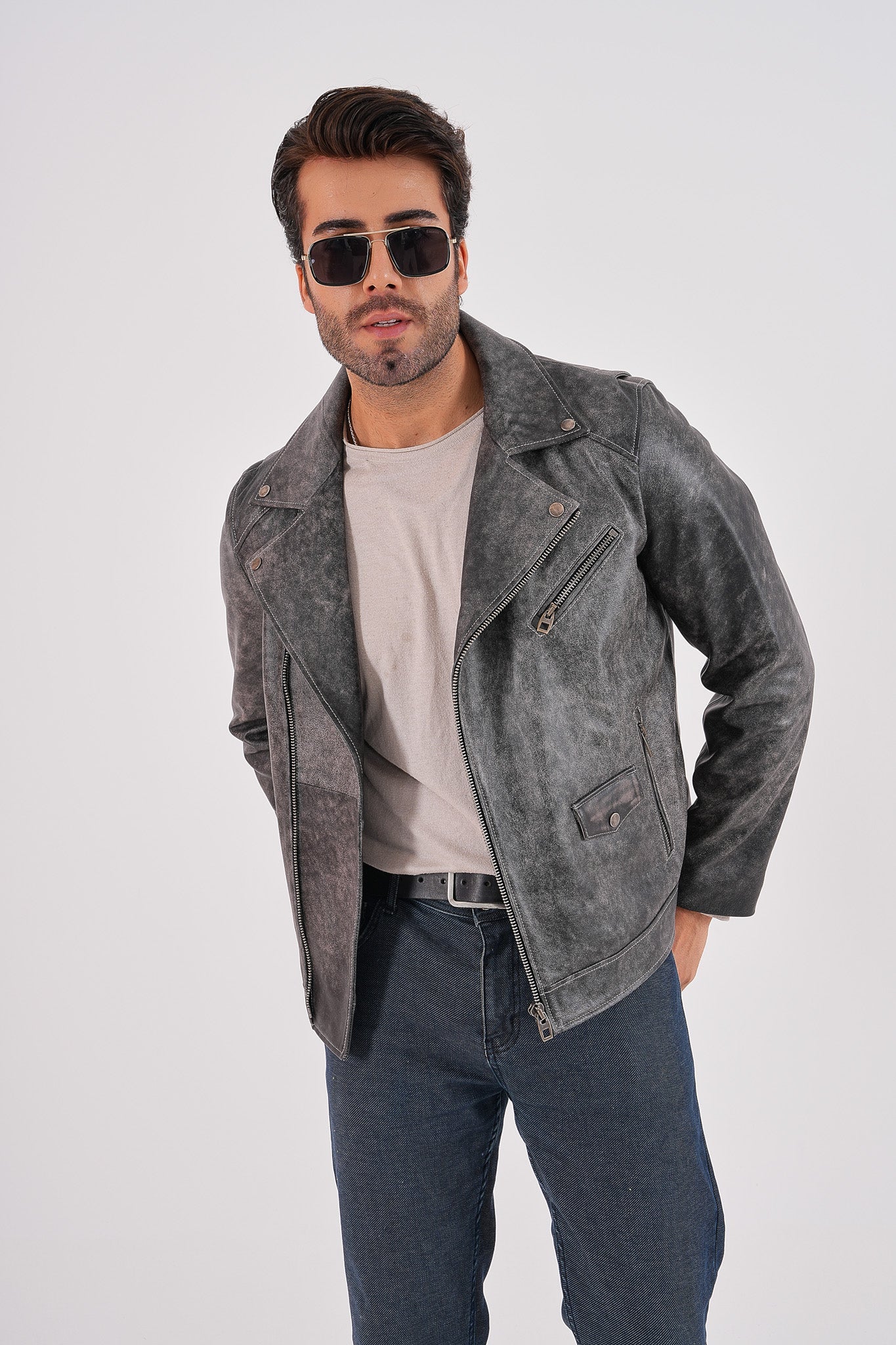 The Volt Textured Distressed Grey Leather Jacket Exclusive Style