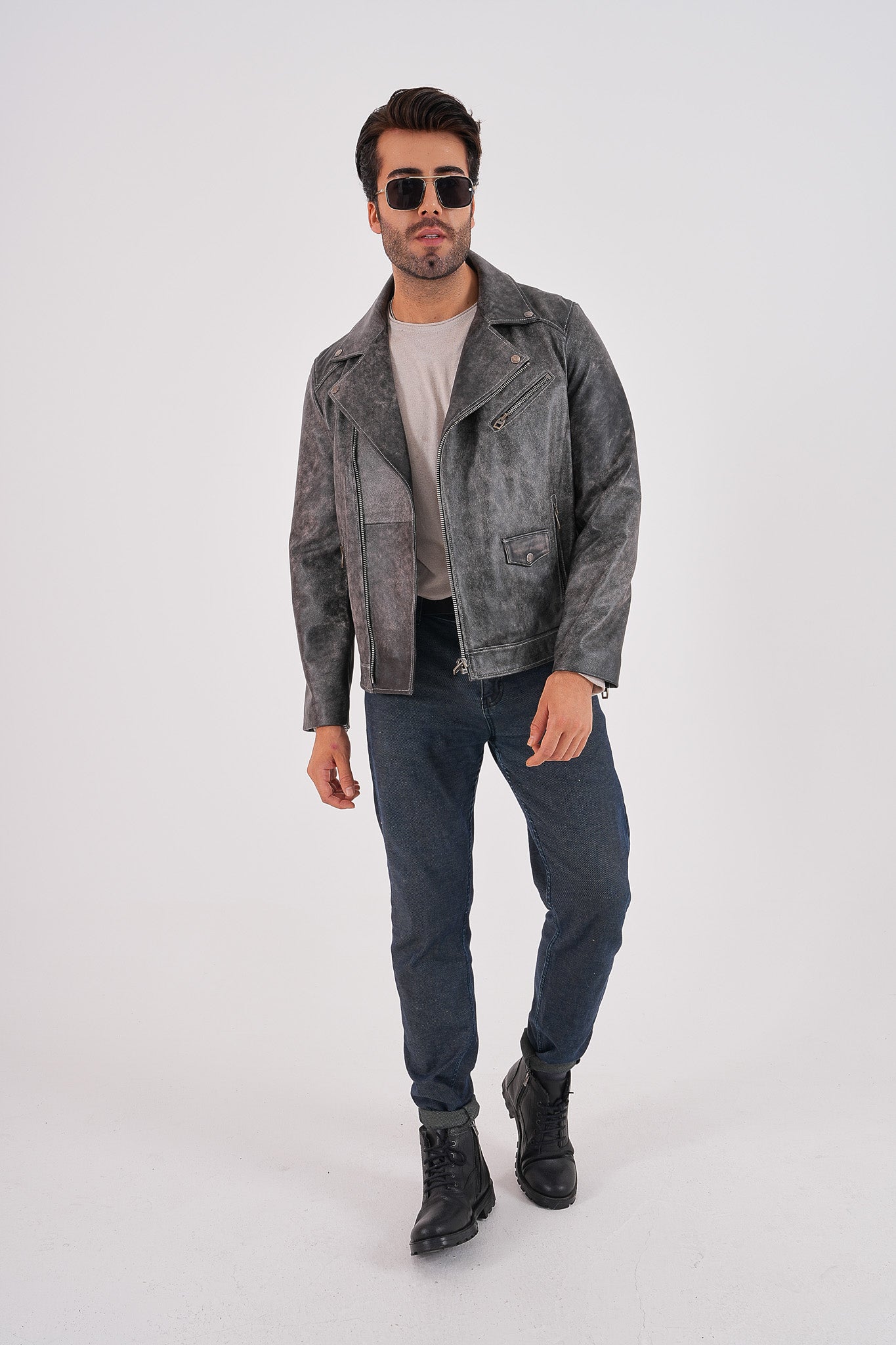 The Volt Textured Distressed Grey Leather Jacket Exclusive Style