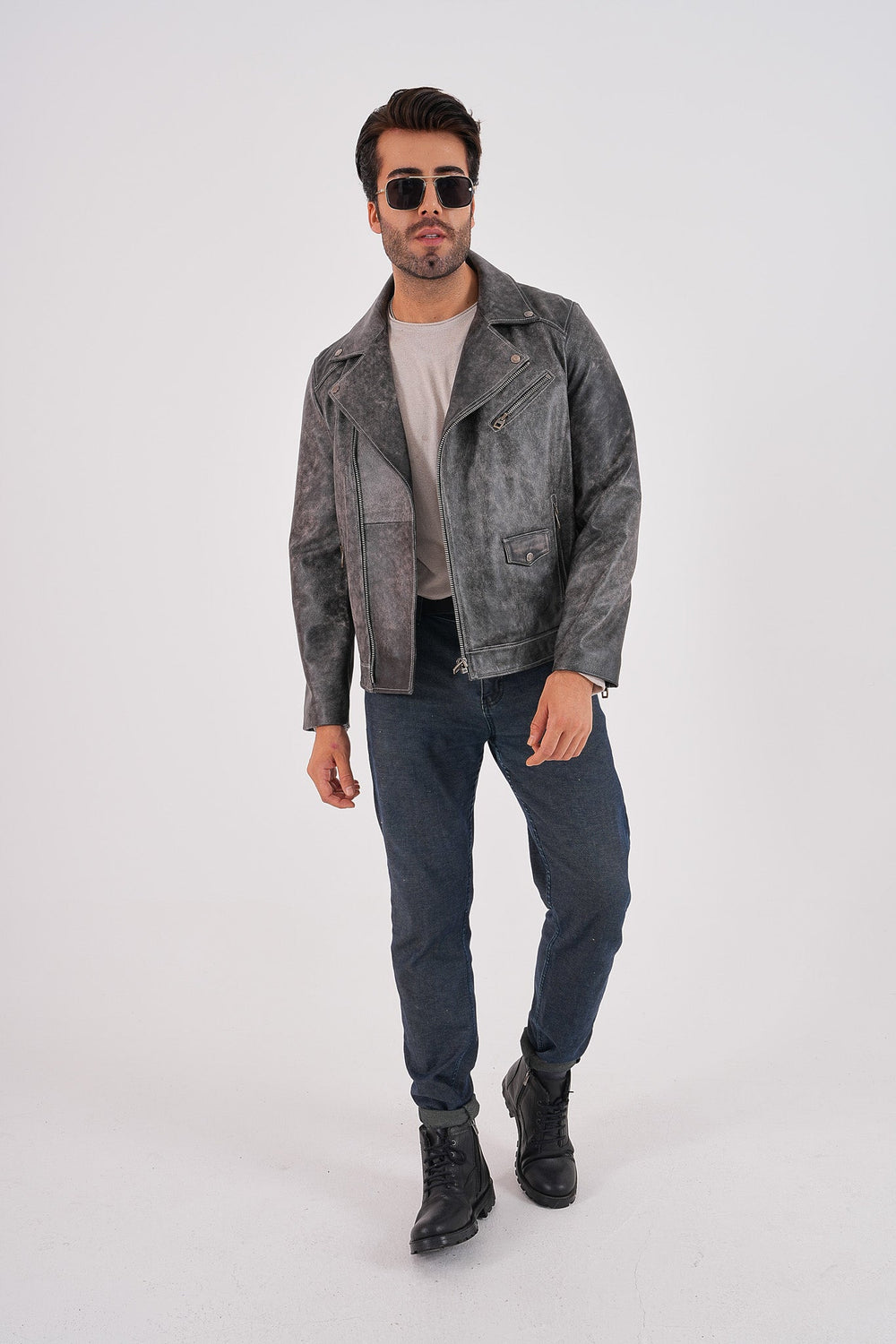 The Volt Textured Distressed Grey Leather Jacket Exclusive Style