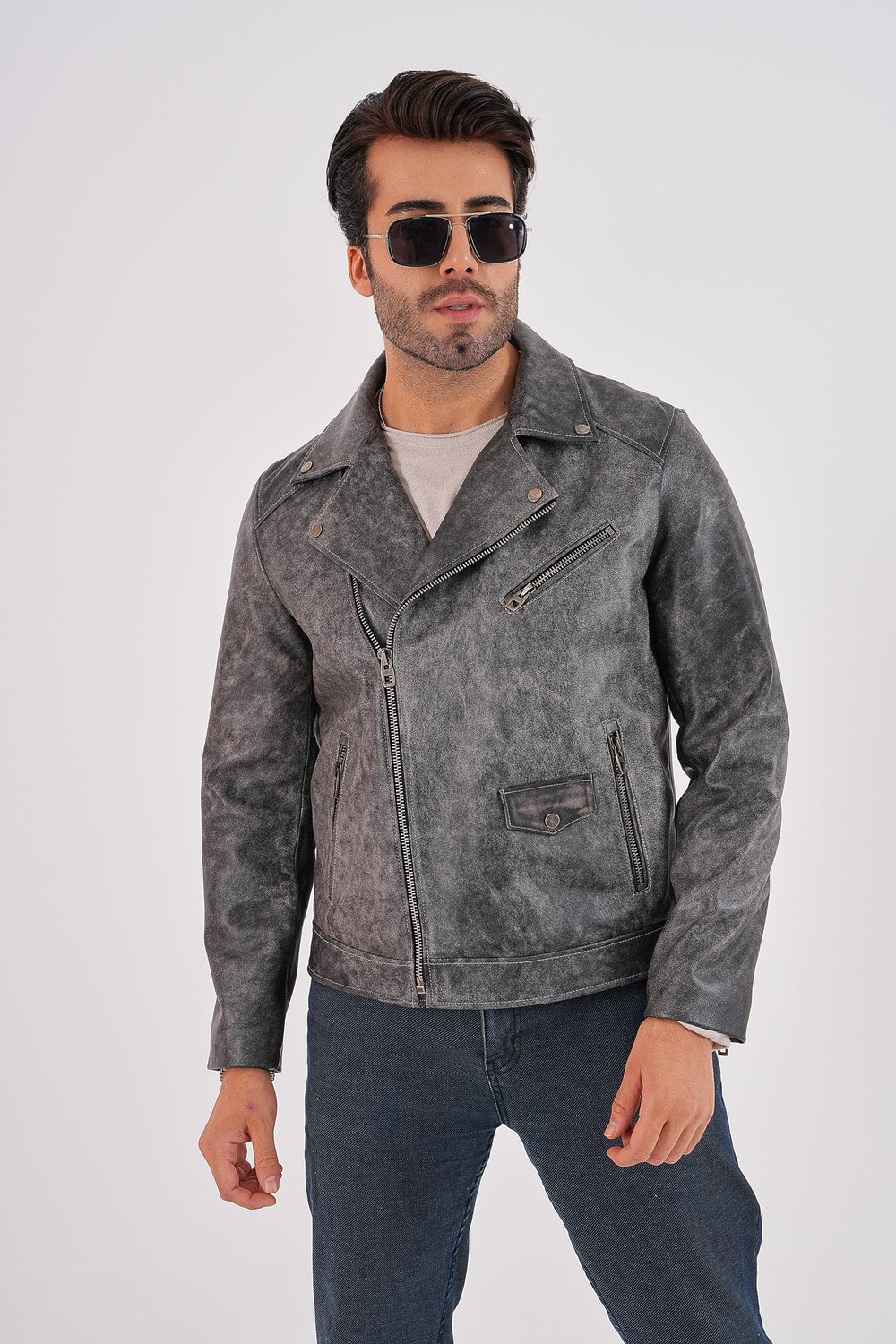 The Volt Textured Distressed Grey Leather Jacket Exclusive Style