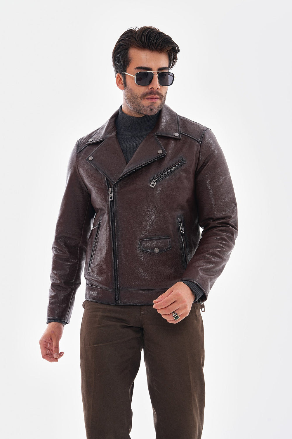 The Volt Textured Mahogany Leather Jacket On Sale