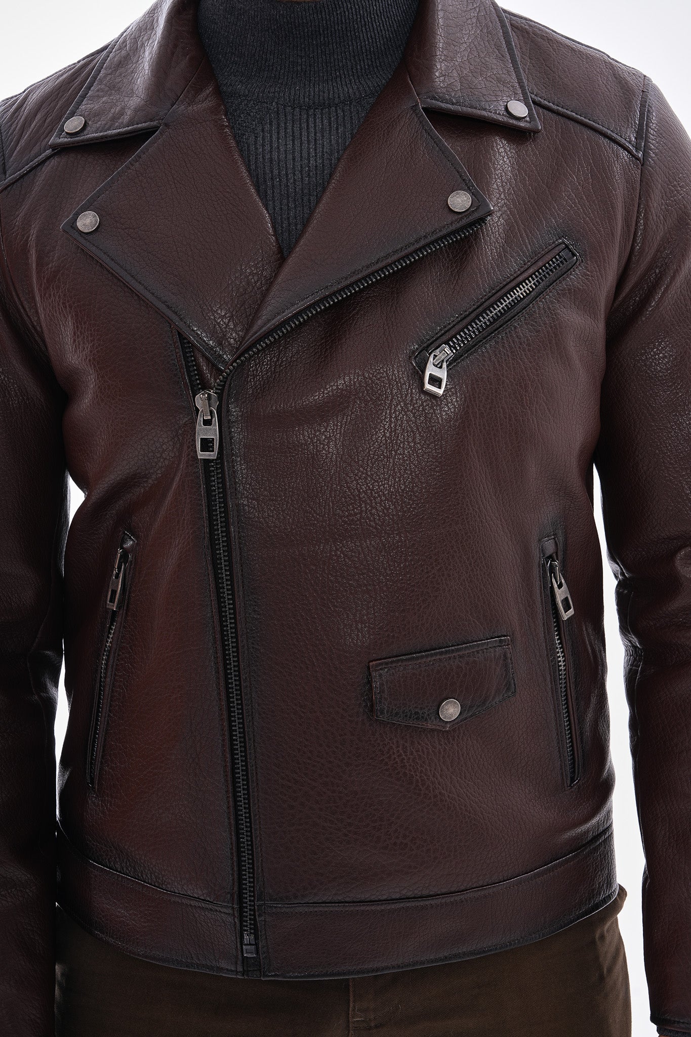 The Volt Textured Mahogany Leather Jacket On Sale