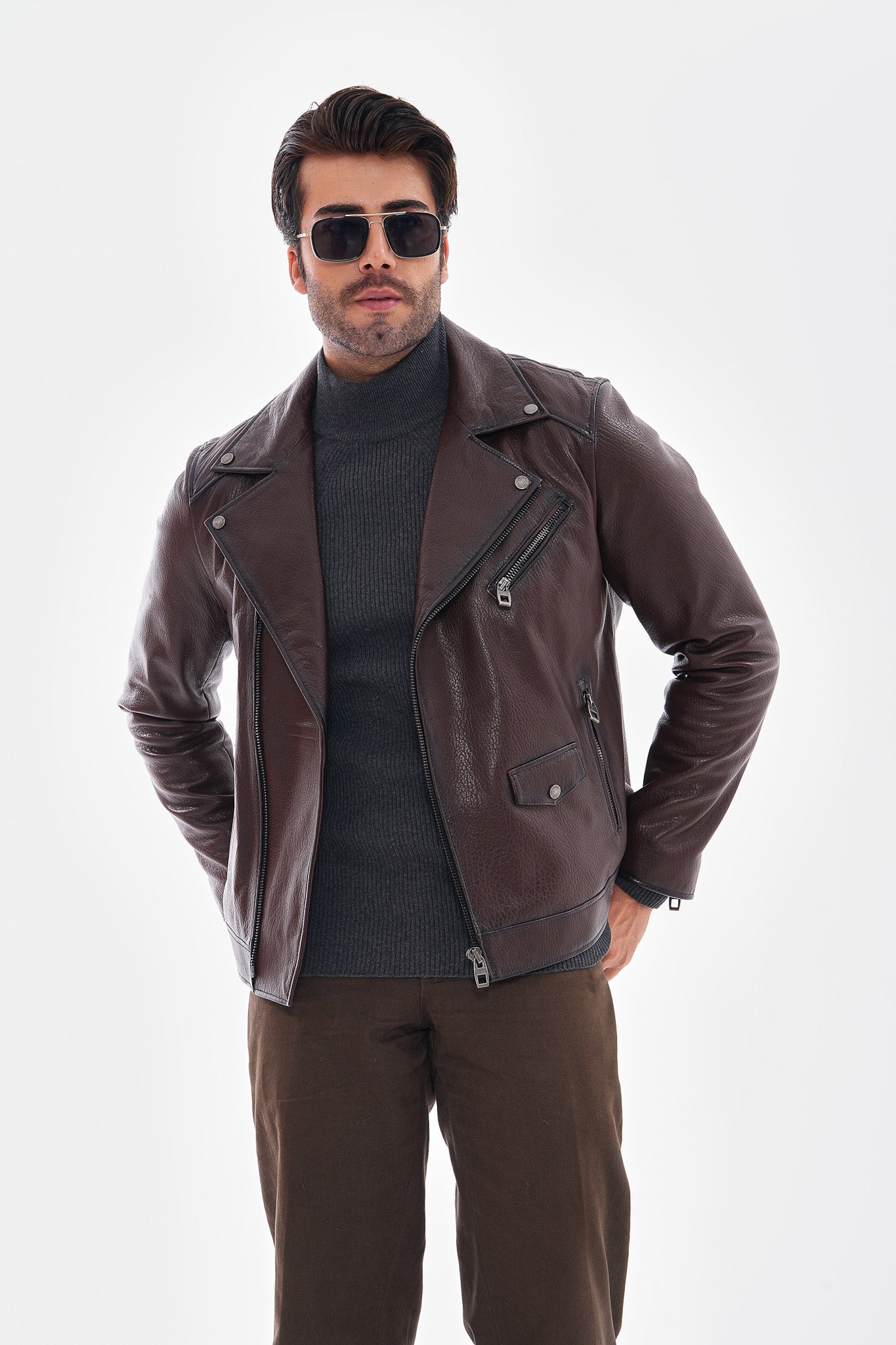 The Volt Textured Mahogany Leather Jacket On Sale