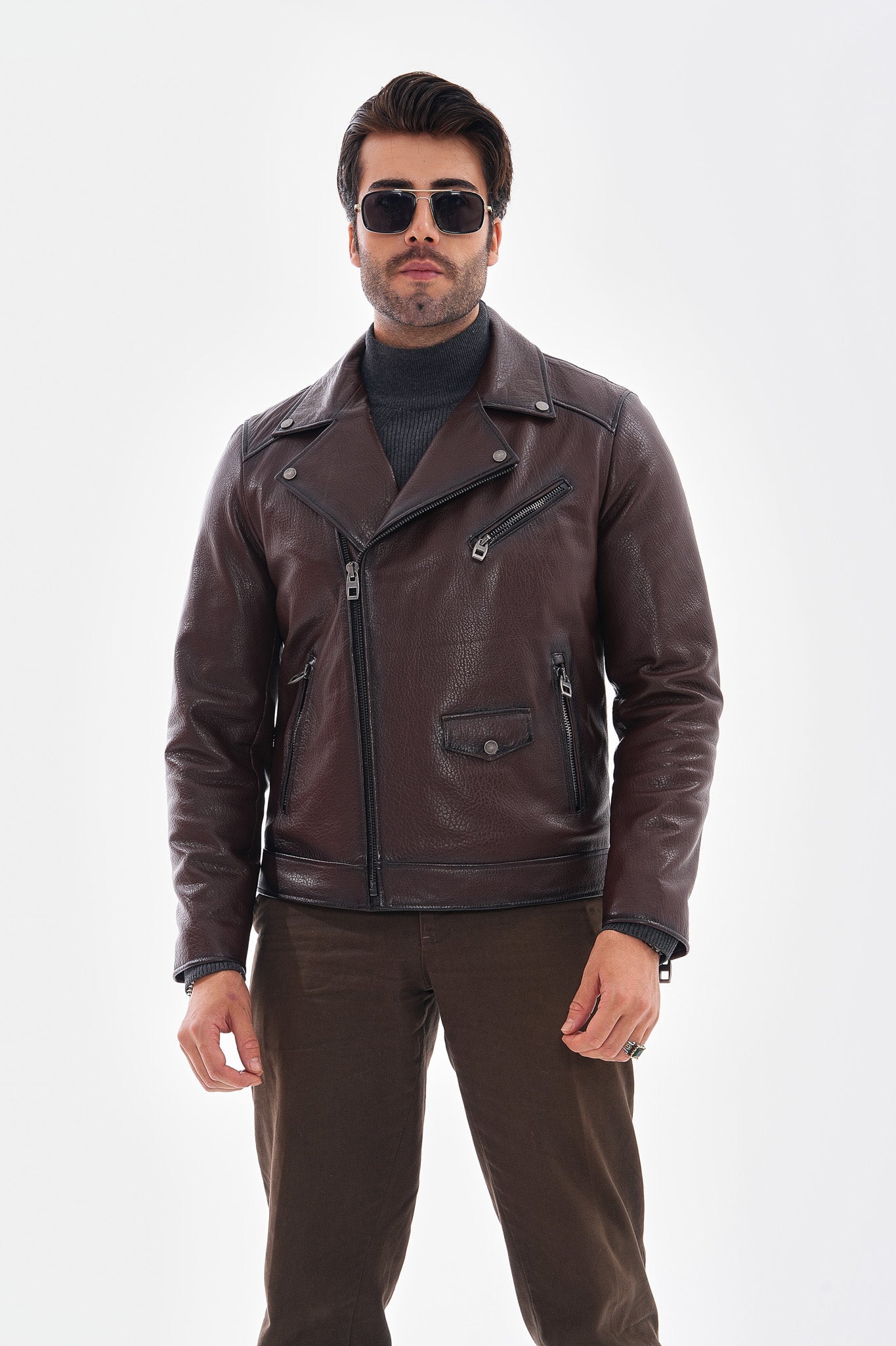 The Volt Textured Mahogany Leather Jacket On Sale