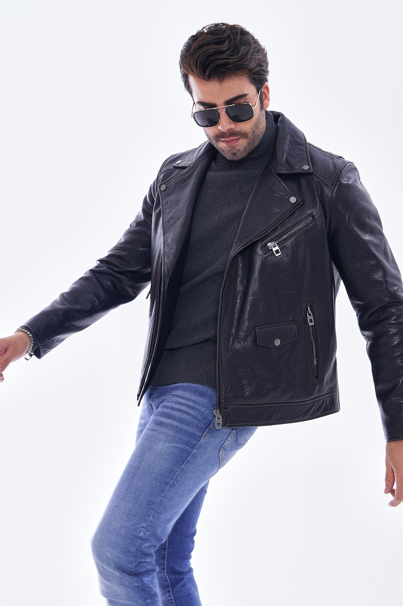 The Volt Textured Navy Blue Leather Jacket For Sale
