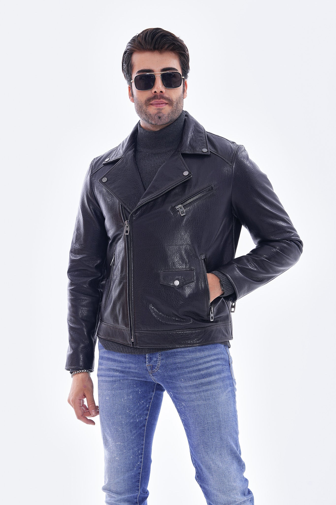 The Volt Textured Navy Blue Leather Jacket For Sale