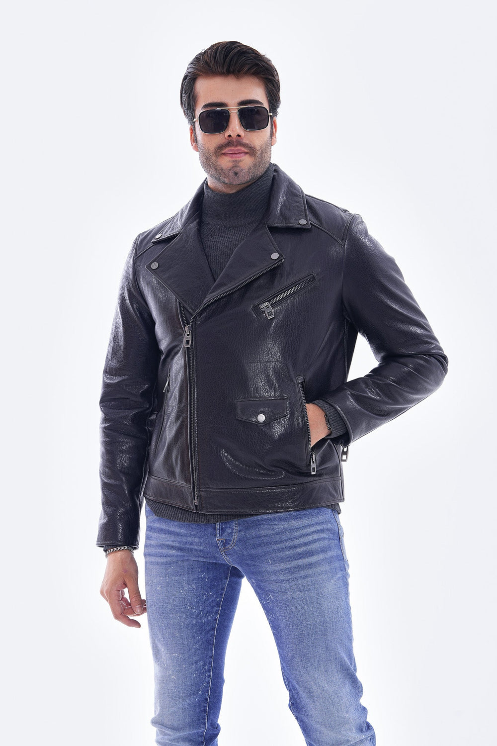 The Volt Textured Navy Blue Leather Jacket For Sale