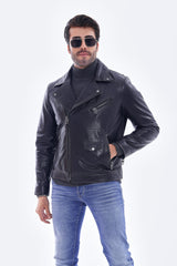 The Volt Textured Navy Blue Leather Jacket For Sale