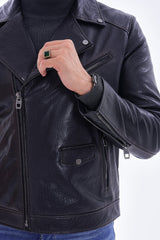 The Volt Textured Navy Blue Leather Jacket For Sale