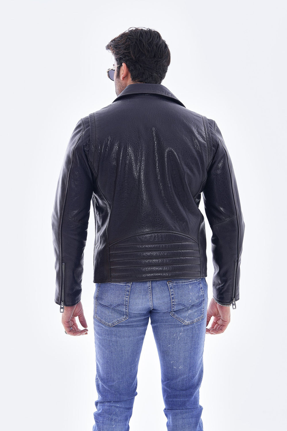 The Volt Textured Navy Blue Leather Jacket For Sale