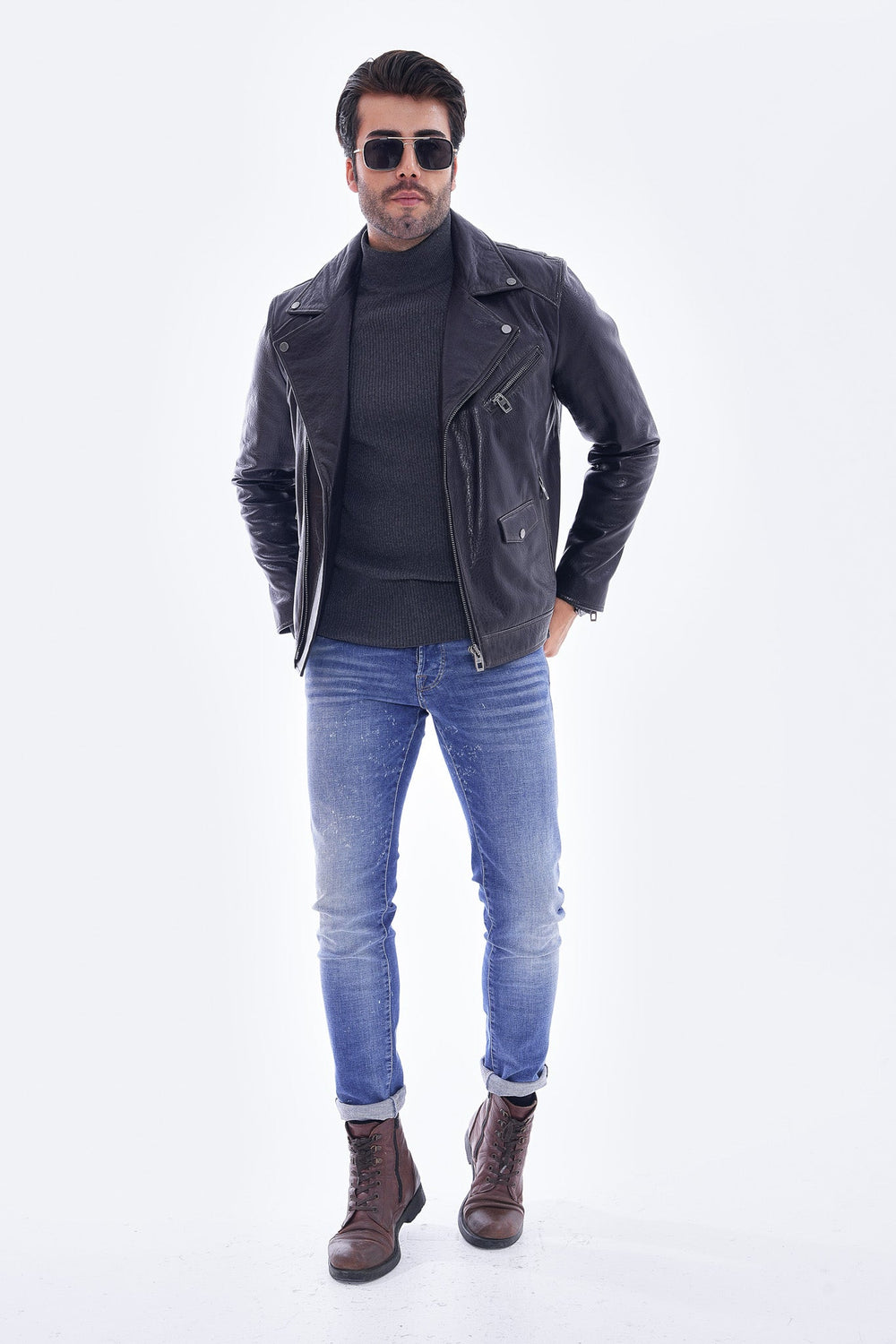 The Volt Textured Navy Blue Leather Jacket For Sale