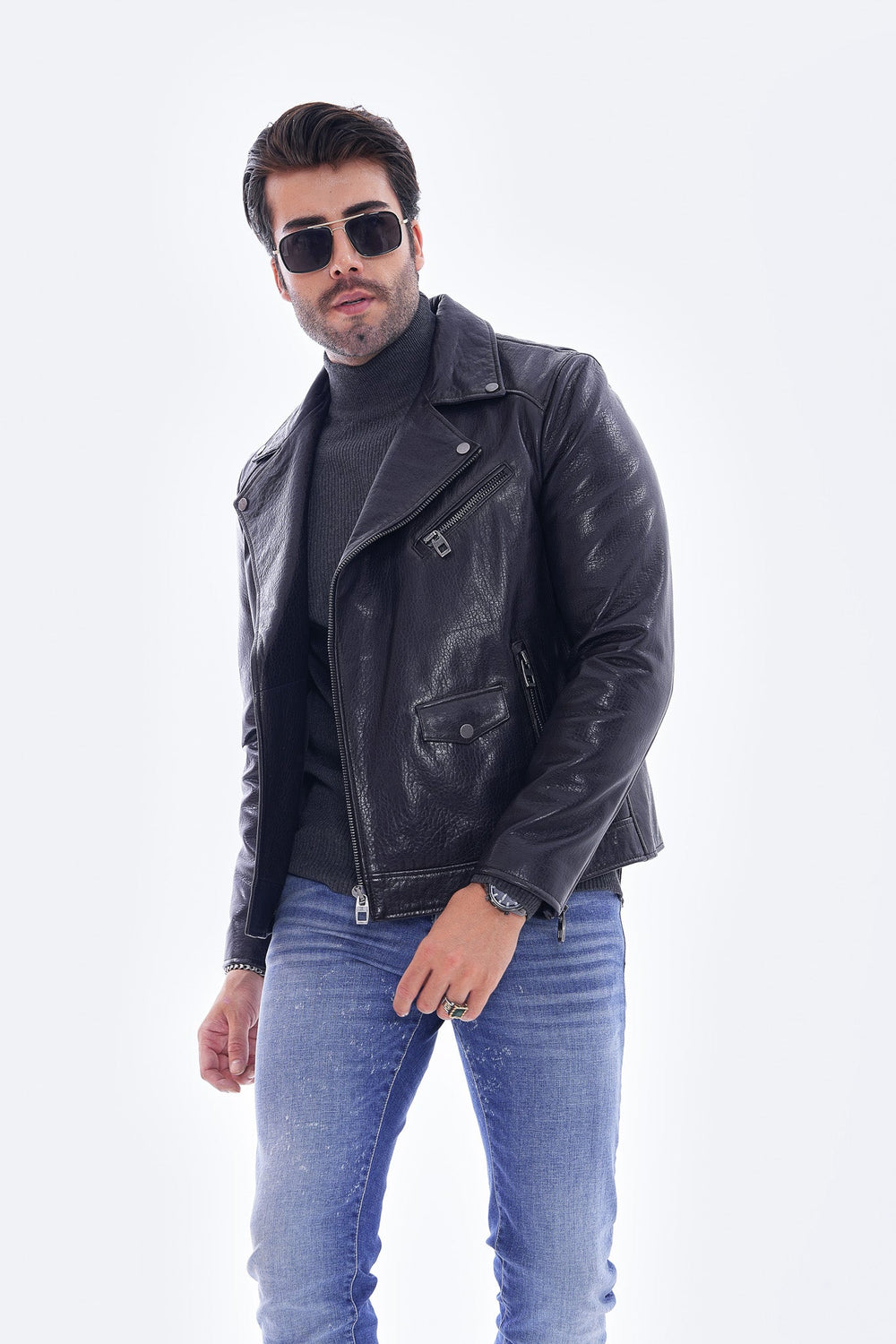 The Volt Textured Navy Blue Leather Jacket For Sale