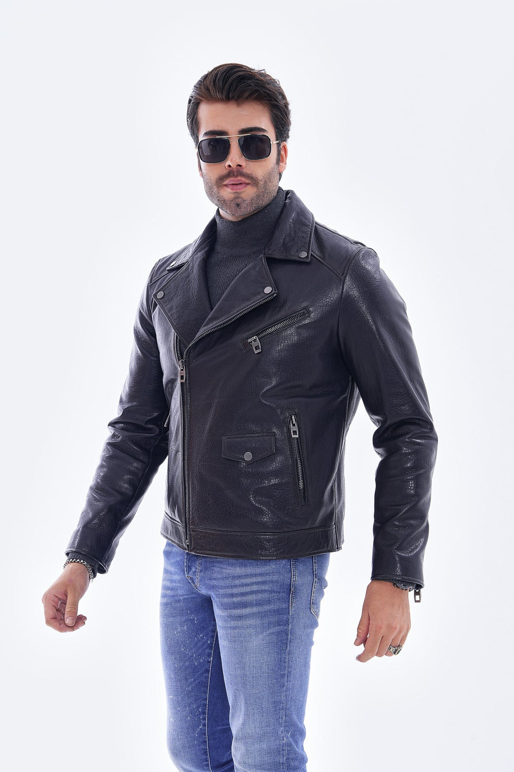 The Volt Textured Navy Blue Leather Jacket For Sale
